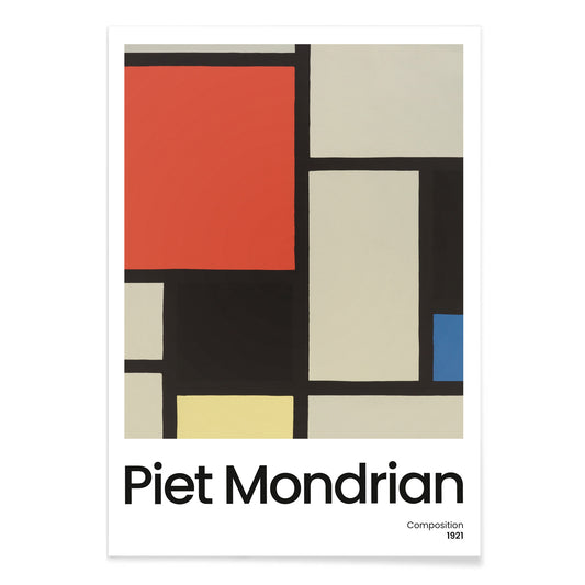 Abstract geometric art poster with bold primary colors and black lines by Piet Mondrian titled Composition, with black aluminium frame on white background