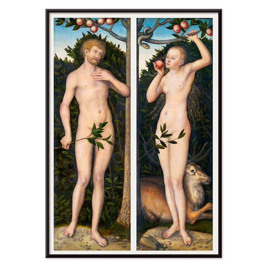 Lucas Cranach Adam and Eve painting in the Garden of Eden with snake apples animals and fruit trees biblical figures, with black aluminium frame on white background