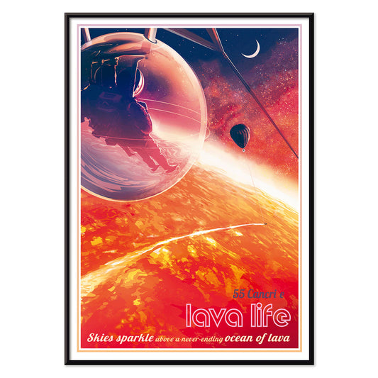 Astronaut in a pod above a glowing lava planet with a hot air balloon and crescent moon in Lava Life by NASA poster, with black aluminium frame on white background