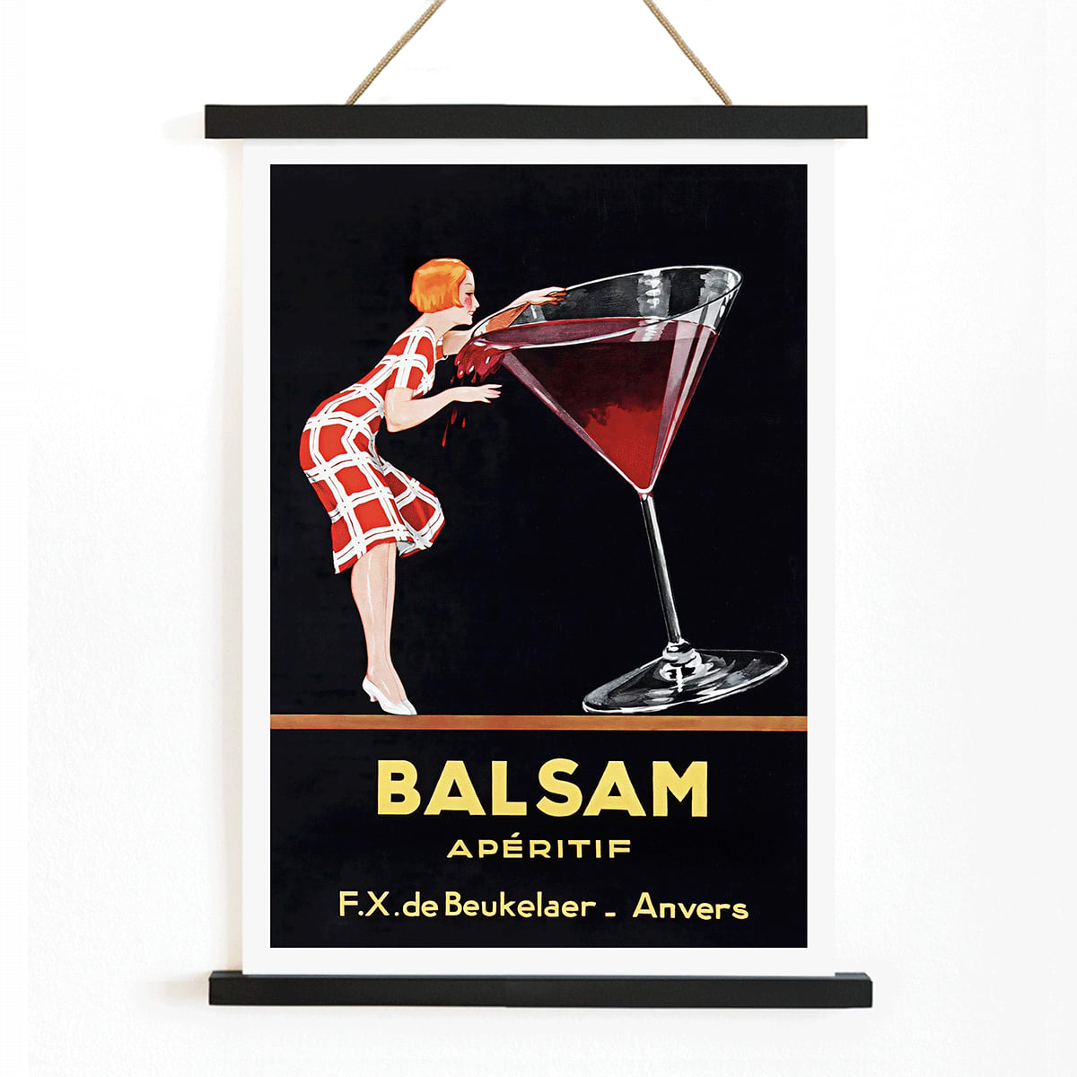 Balsam Aperitif poster by Jean d Ylen showing a woman sipping from a giant red cocktail glass vibrant vintage art, with wooden magnetic frame on white background