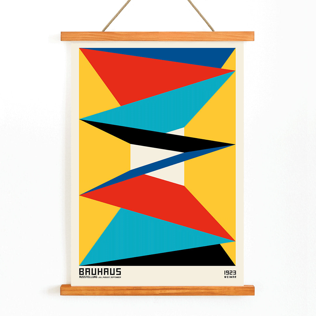 Geometric abstract Bauhaus poster 16 featuring vibrant geometric shapes in red blue black and yellow arranged symmetrically framed artwork, with wooden magnetic frame on white background