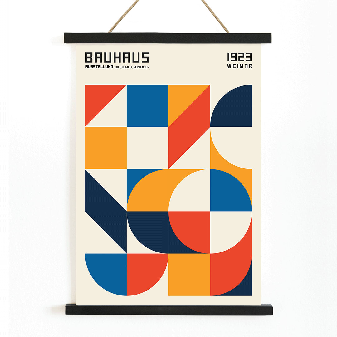 Bauhaus Poster 19 with bold colors geometric shapes squares and circles modern wall art, with wooden magnetic frame on white background