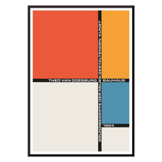 Theo van Doesburg Bauhaus 21 artwork geometric abstract composition poster with bold colors and typography, with black aluminium frame on white background