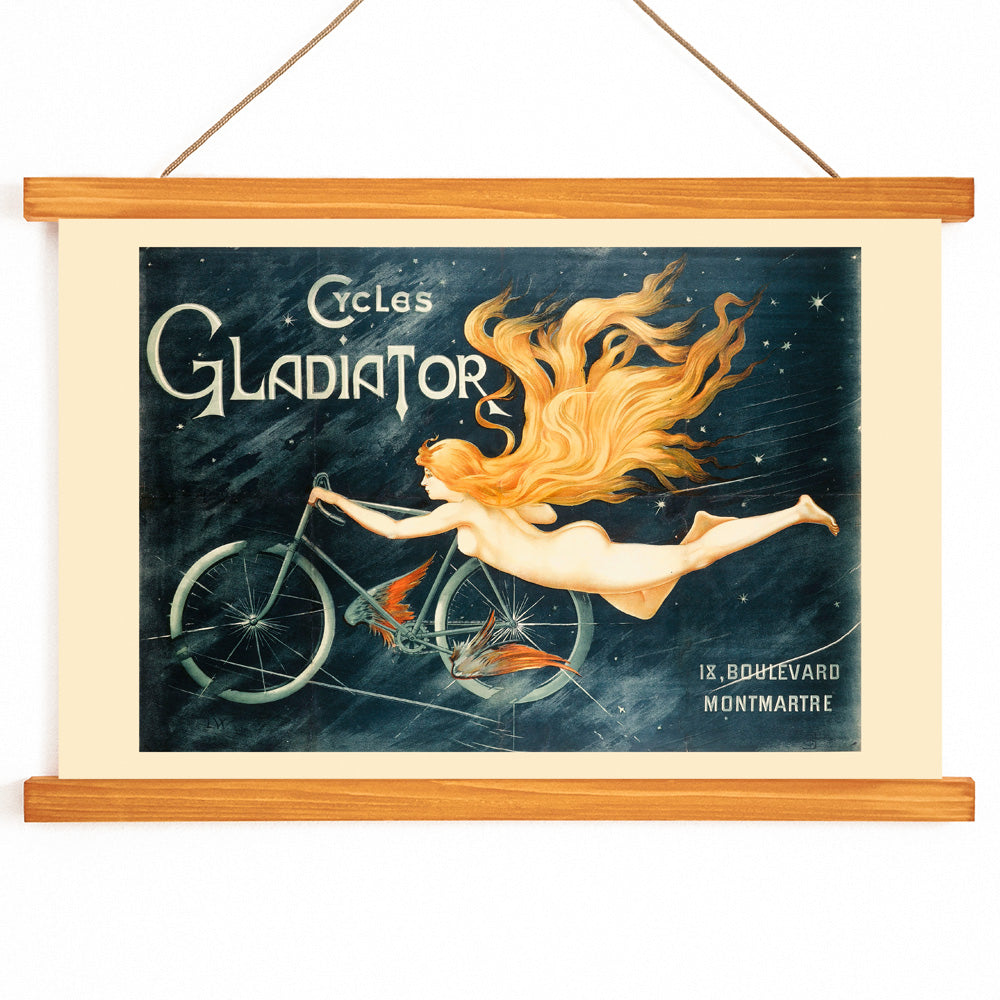 Vintage poster of a nude woman with flowing hair flying beside a bicycle in a starry space Cycles Gladiator by C B, with wooden magnetic frame on white background