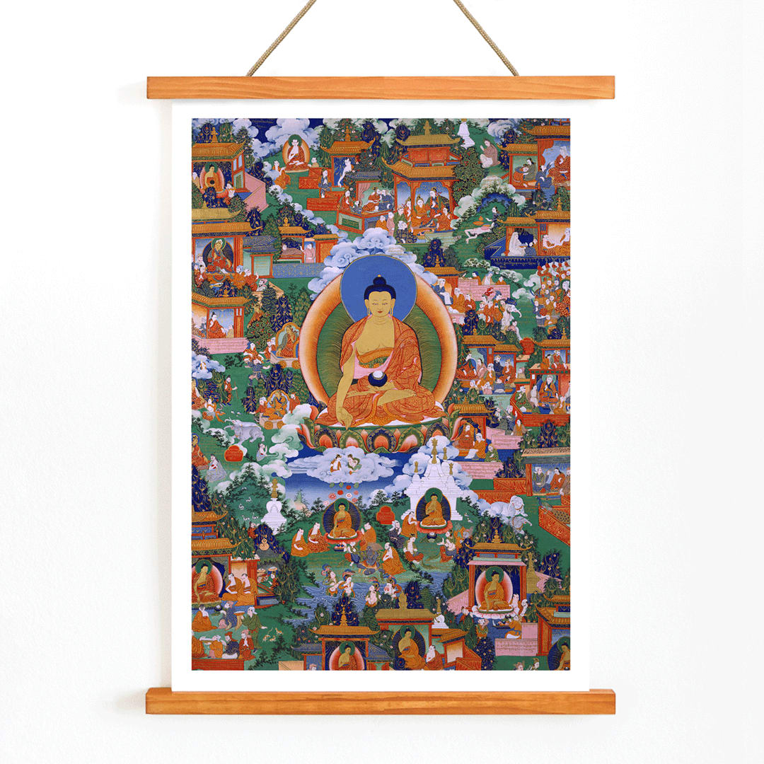 Shakyamuni Buddha in Avadana Legend Scenes painting and poster depicting life events teachings and surrounded by various figures in a vibrant detailed illustration, with wooden magnetic frame on white background
