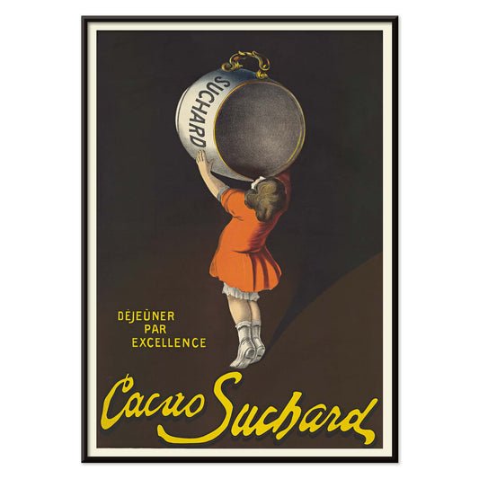 Leonetto Cappiello Cacao Suchard poster with girl lifting giant cocoa tin on dark background in orange dress and yellow lettering, with black aluminium frame on white background