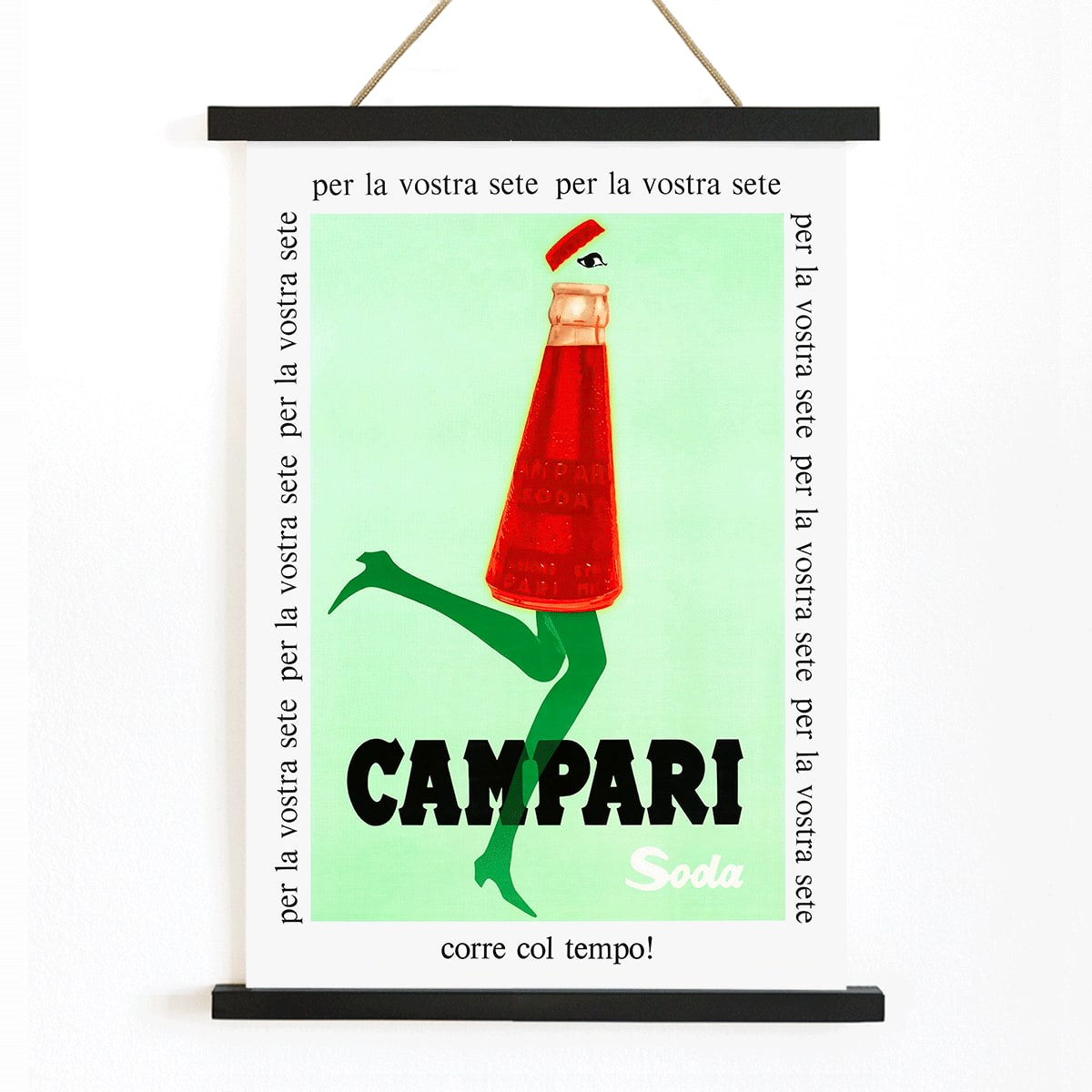 Campari Soda advertising posters by Franz Marangolo and Leonetto Cappiello featuring stylized bottles with green legs and walking on a green background, with wooden magnetic frame on white background