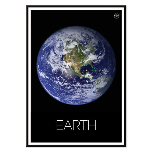 Stunning NASA image of Earth from space titled Earth from Space 1 on a black background poster, with black aluminium frame on white background