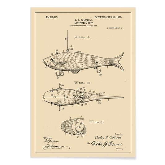 Artificial Bait Patent by C D Caldwell detailed vintage fish lure illustration and mechanical design poster artwork, with black aluminium frame on white background