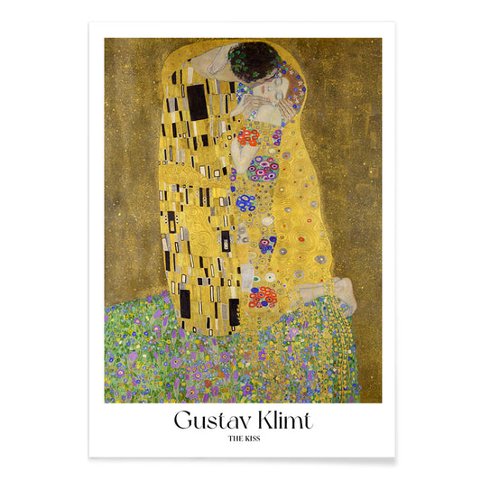 The Kiss by Gustav Klimt featuring two lovers embracing in a richly decorated golden background with floral patterns romantic couple artwork poster, with black aluminium frame on white background