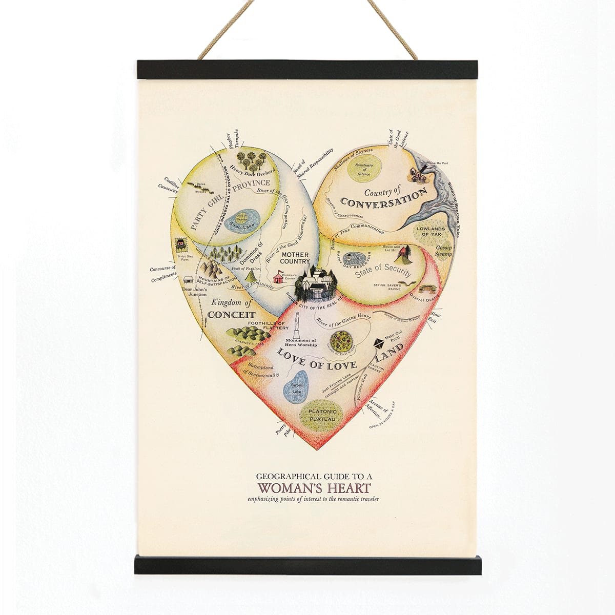Heart shaped map illustration and poster Geographical Guide to a Womans Heart by Jo Lowery whimsical map of emotions in the shape of a heart, with wooden magnetic frame on white background