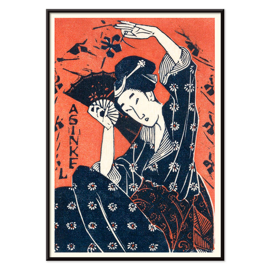 Japanese woman in traditional kimono holding a fan artwork inspired by Utagawa Hiroshige poster, with black aluminium frame on white background