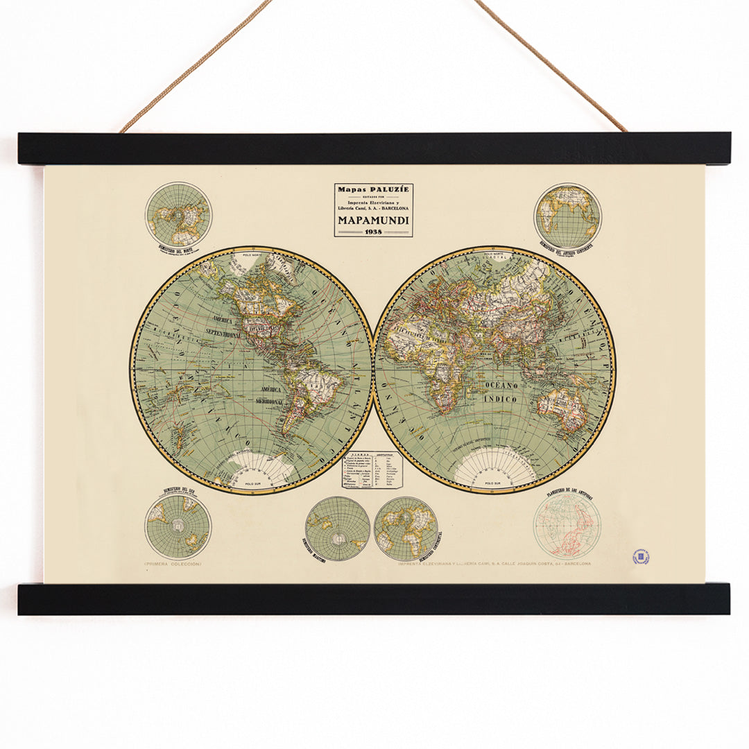 Vintage world map Mapamundi 2 by Paluzie Lucena Josep with detailed continents and country borders illustration poster, with wooden magnetic frame on white background