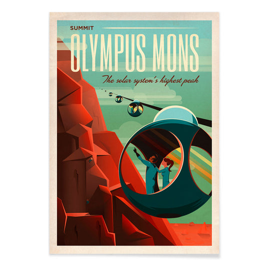 Futuristic cable cars and pods ascend the red slopes of Olympus Mons on Mars with travelers viewing the Martian landscape in SpaceX poster artwork, with black aluminium frame on white background