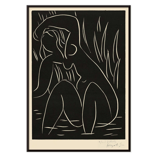 Henri Matisse The Afternoon poster minimalist black line figure on dark background with white contours and vertical strokes, with black aluminium frame on white background
