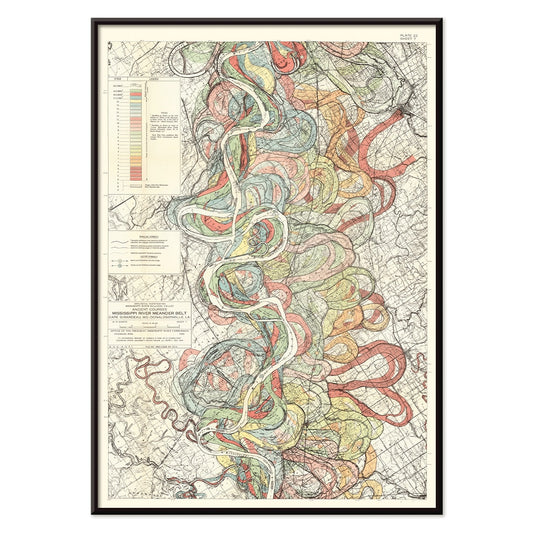 Colorful poster map of the Mississippi River by Harold Fisk titled Alluvial Valley of the Mississippi River showing historical meanders and vibrant river patterns, with black aluminium frame on white background
