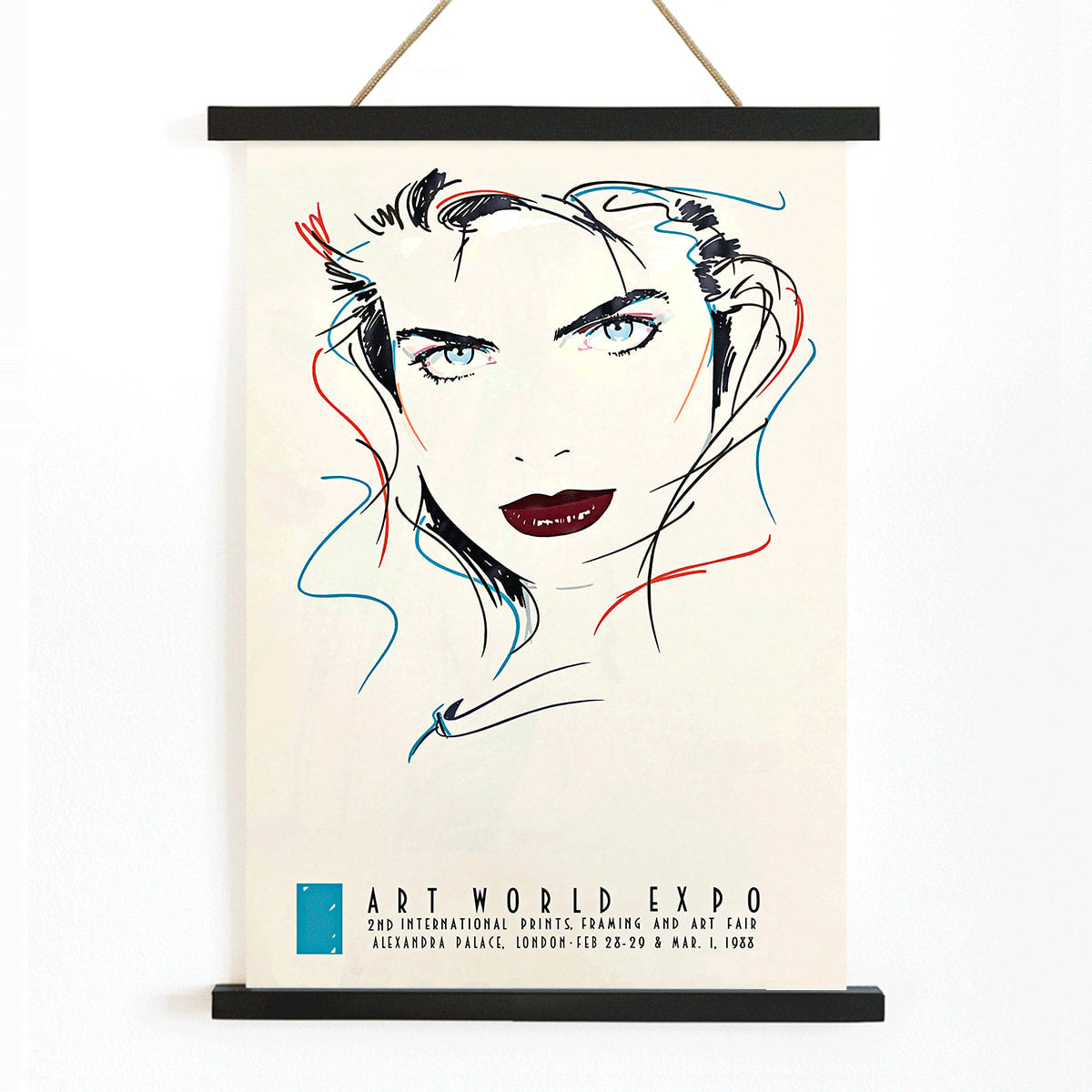 Metropolis Julie female portrait by Dennis Mukai colorful abstract lines bold lips poster at Art World Expo, with wooden magnetic frame on white background