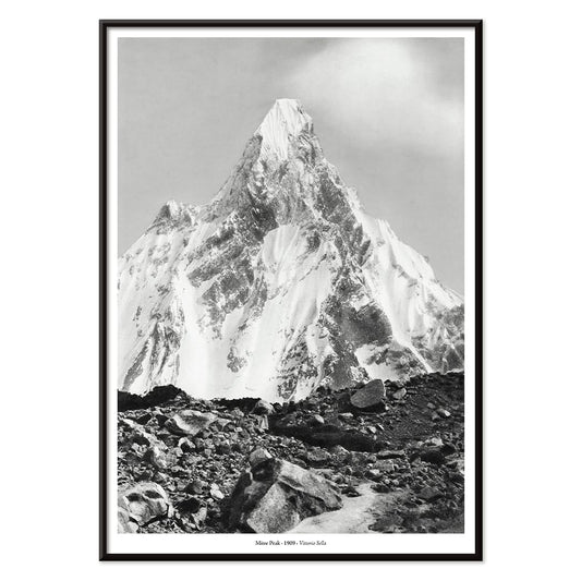Mitre Peak surrounded by rocky terrain and snowy peak seen from Baltoro Glacier by Vittorio Sella, with black aluminium frame on white background