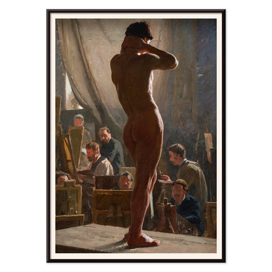 Model study in an art studio by Laurits Tuxen poster of a model posing with artists sketching in Bonnats studio, with black aluminium frame on white background