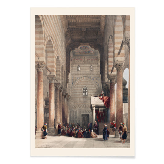 Interior of the mosque of the Metwalys by David Roberts with architectural details and people gathered inside grand hall poster, with black aluminium frame on white background