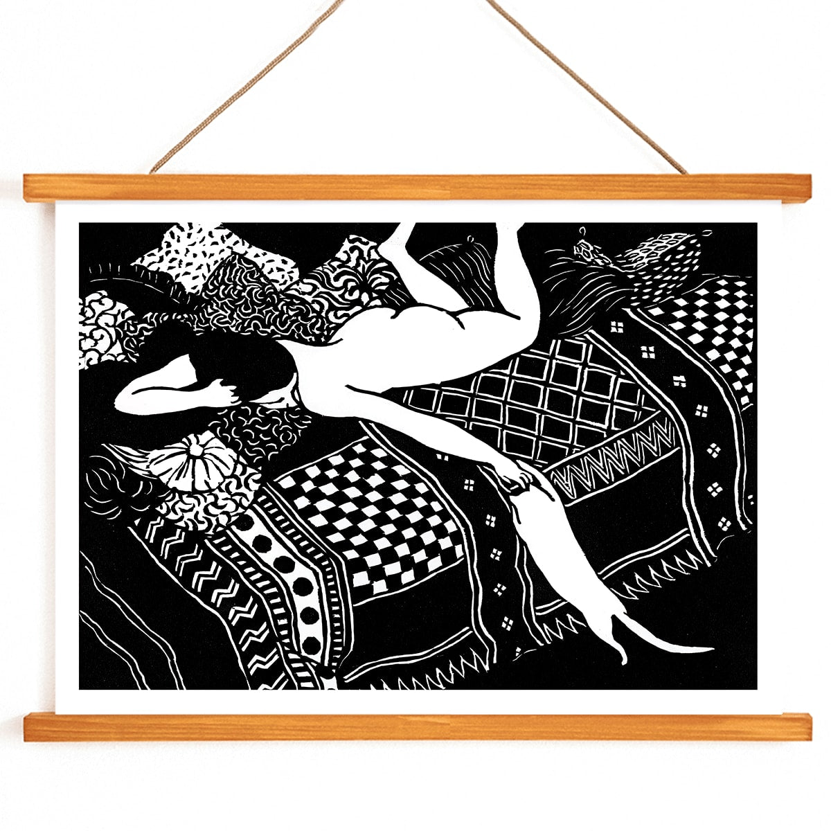 La Paresse by Felix Emile-Jean Vallotton painting of a woman reclining on a patterned bed with a cat stretching beside her art poster, with wooden magnetic frame on white background