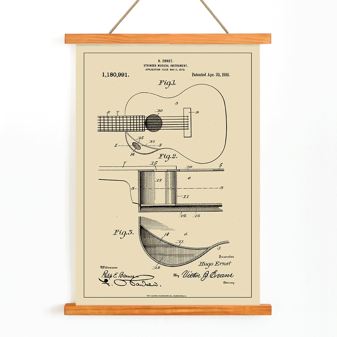Musical Instrument Patent by H Ernst with detailed technical drawings of a stringed instrument and guitar patent illustration poster, with wooden magnetic frame on white background