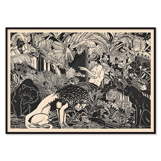 Orpheus playing harp surrounded by animals in lush jungle artwork by Henri van der Stok poster, with black aluminium frame on white background