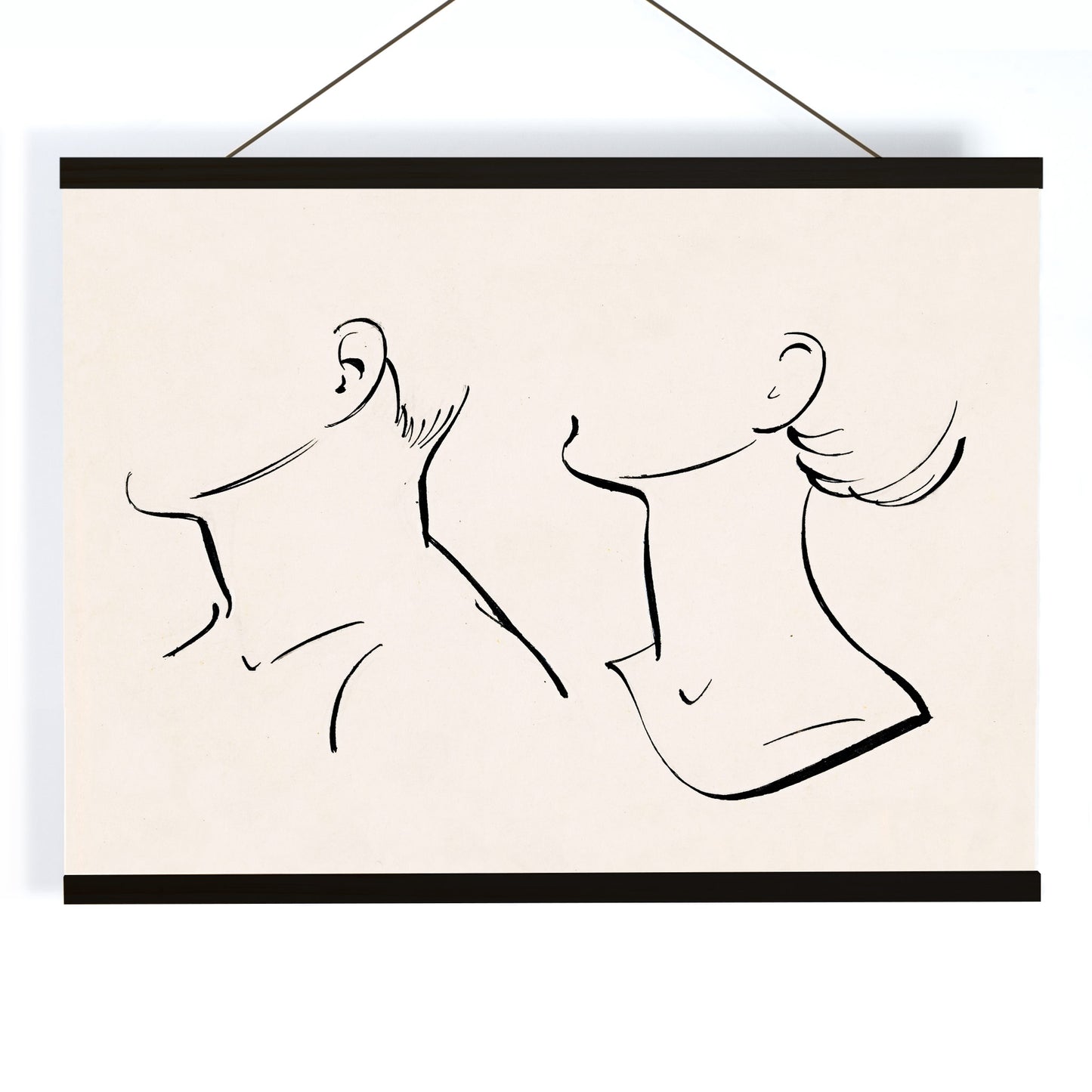 Minimalist ink drawing and line art poster of man and woman necks by Hans Borrebach, with wooden magnetic frame on white background