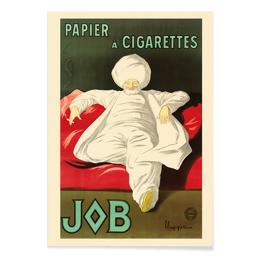 Cigarette Rolling Paper Job poster by Leonetto Cappiello showing a relaxed man in white robes and turban reclining with a cigarette on a red couch, with black aluminium frame on white background