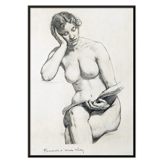 Nude Study 1896 by Kenion Cox pencil sketch of a seated nude woman reading a book contemplative expression art poster, with black aluminium frame on white background