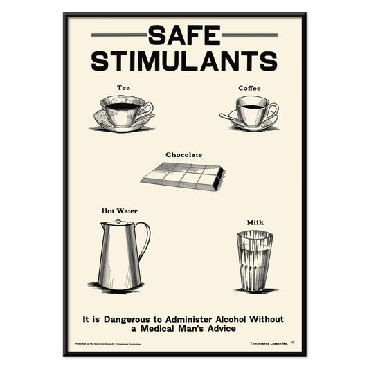 Dominion Scientific Temperance Committee illustration and poster promoting prohibition and safe alternatives to alcohol such as tea coffee chocolate hot water and milk, with black aluminium frame on white background