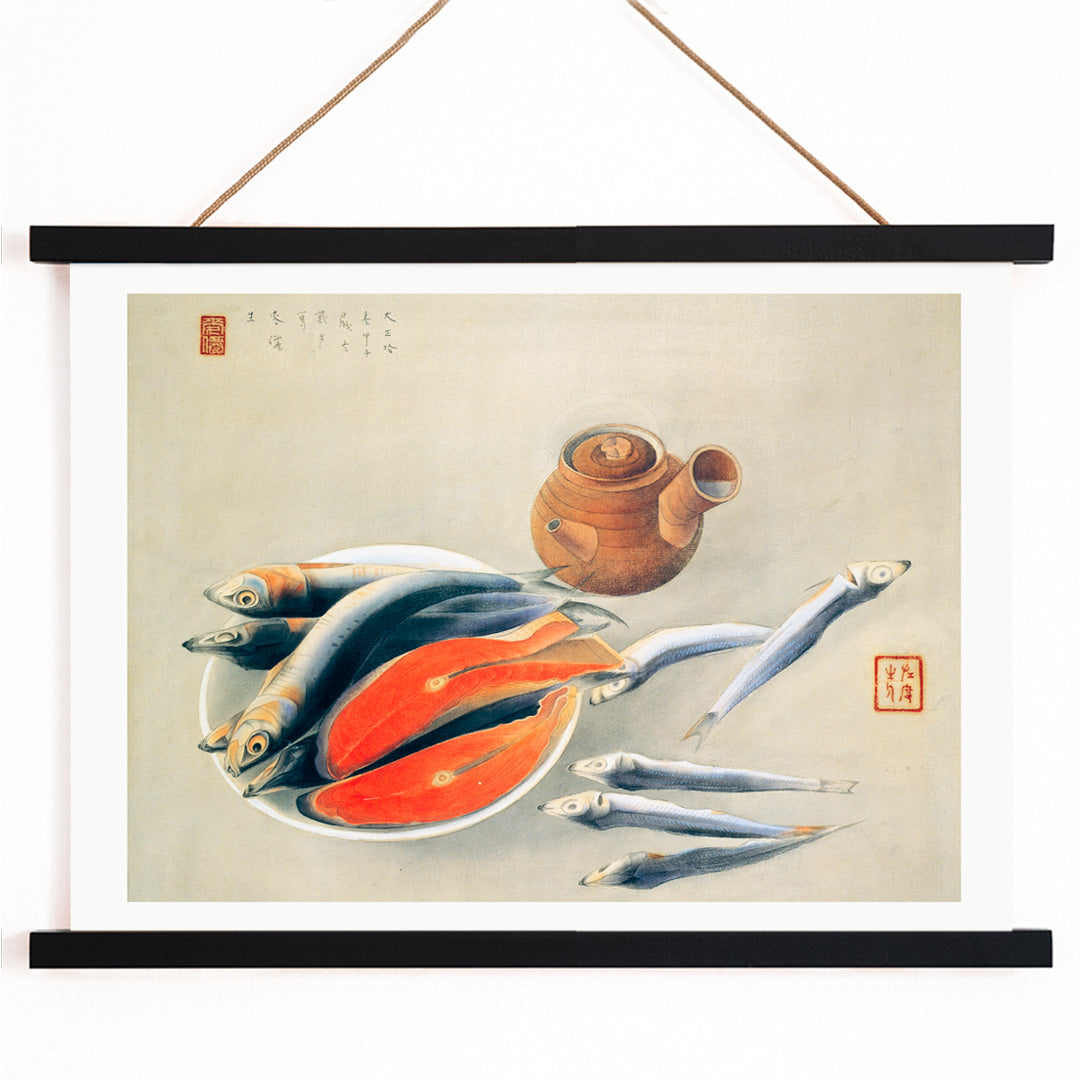 Salmon Slices and Sardines by Tsuchida Bakusen poster featuring fish and teapot still life kitchen wall art decor, with wooden magnetic frame on white background