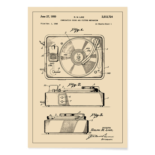 Vintage turntable patent illustration and technical drawing poster by R M Like ideal music lover decor, with black aluminium frame on white background