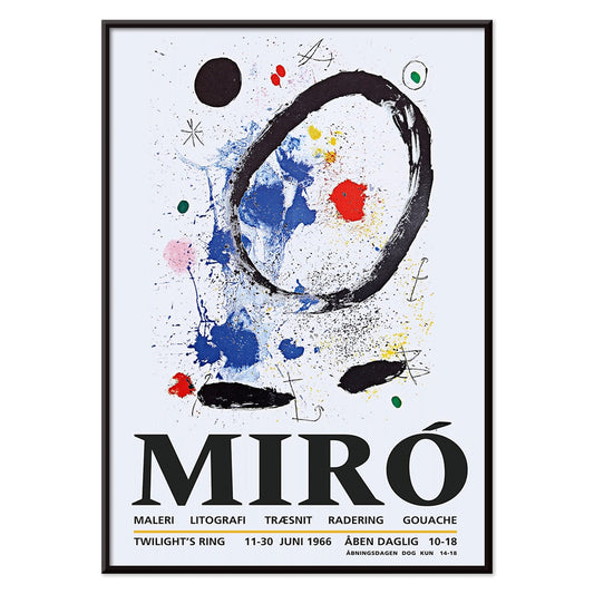 Twilights Ring exhibition poster inspired by Joan Miro featuring abstract artwork with bold colors and shapes, with black aluminium frame on white background