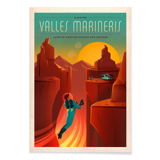 Astronaut exploring red Martian canyons at sunset in Valles Marineris by SpaceX poster, with black aluminium frame on white background