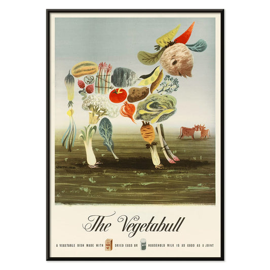 The Vegetabull by Lewitt-Him painting and poster showing a bull made of vegetables on grass background, with black aluminium frame on white background