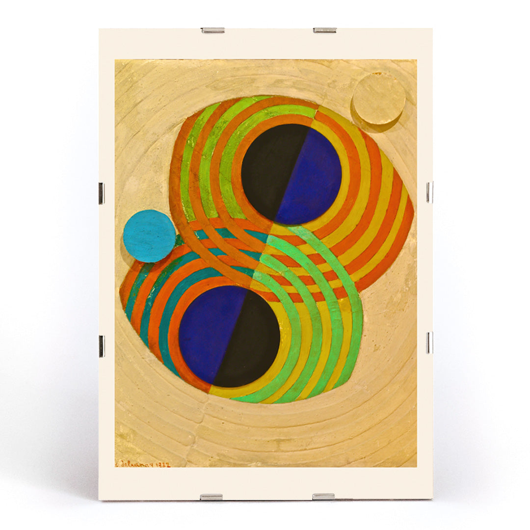 Abstract geometric composition with bold concentric circles from Relief Rhythms by Robert Delaunay poster, framed and displayed in modern living room decor
