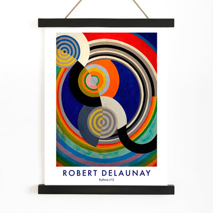 Colorful abstract concentric circles and curves painting poster Rythme n2 by Robert Delaunay, with wooden magnetic frame on white background