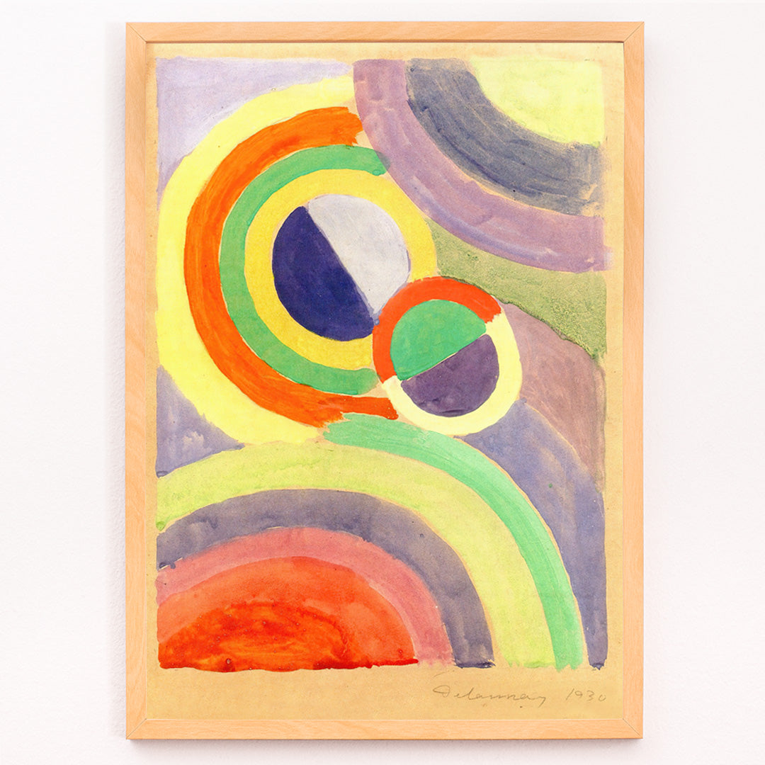 Closeup detail of Abstract colorful circular forms and geometric shapes painting by Robert Delaunay titled Composition poster for wall decor