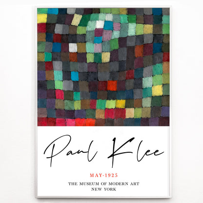 Closeup detail of Colorful abstract squares pattern May Picture by Paul Klee poster with artist name displayed below