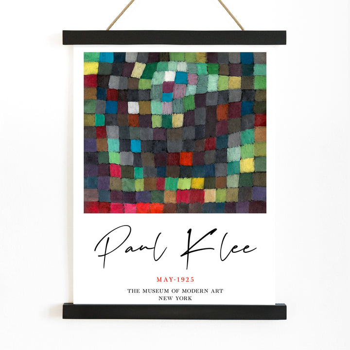 Colorful abstract squares pattern May Picture by Paul Klee poster with artist name displayed below, with wooden magnetic frame on white background