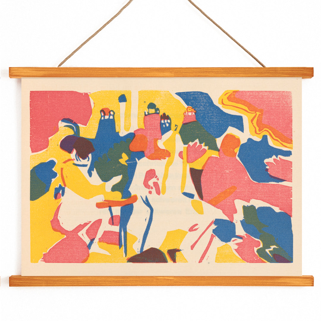 Colorful abstract composition with dynamic shapes and figures Klänge Pl 19 by Wassily Kandinsky modern art poster for home decor, with wooden magnetic frame on white background
