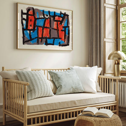 Abstract geometric poster with bold black lines and vibrant red and blue shapes inspired by The Hour Before One Night by Paul Klee, framed and displayed in home decor