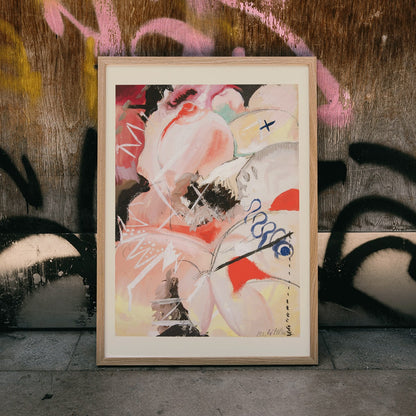 Abstract watercolor and dynamic abstract art poster titled Female Figure by Hilma af Klint and Wassily Kandinsky, framed and displayed in modern living room decor