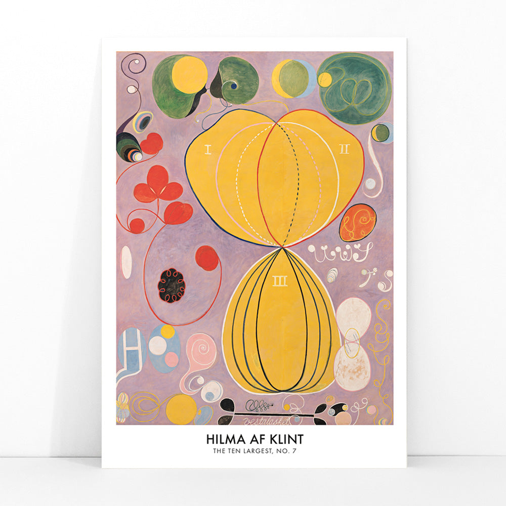 Abstract botanical shapes and vibrant colors poster from The Ten Largest No 7 by Hilma AF Klint, framed and displayed in modern living room decor
