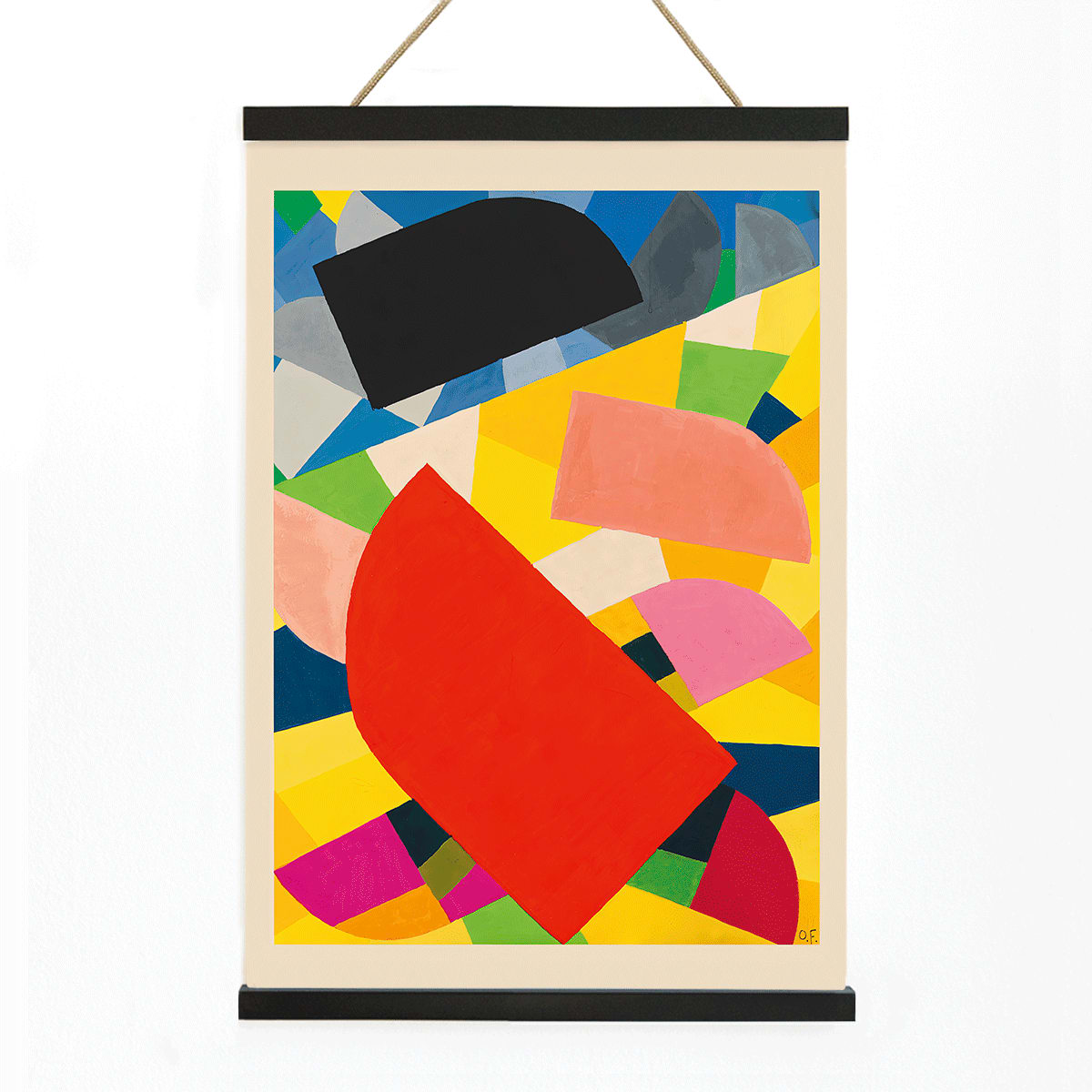 Abstract geometric poster Komposition by Otto Freundlich featuring bold colorful shapes on vibrant yellow background, with wooden magnetic frame on white background