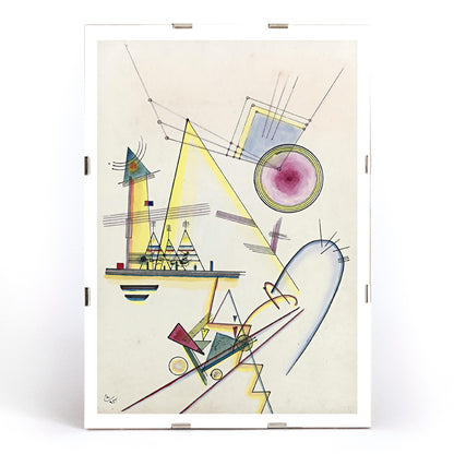 Abstract geometric shapes and lines in Zartes Gemut Delicate Soul by Wassily Kandinsky poster wall art, framed and displayed in modern living room decor