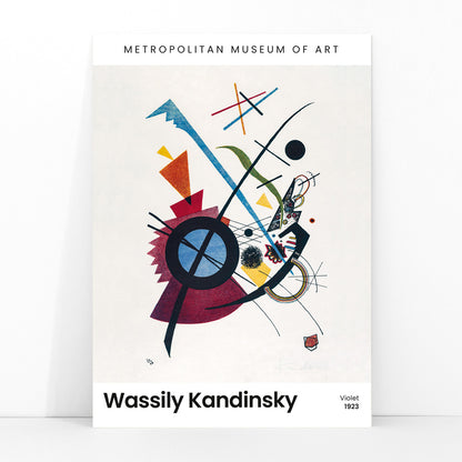 Abstract geometric art print with vibrant colors and shapes Violet by Wassily Kandinsky, framed and displayed in modern living room decor