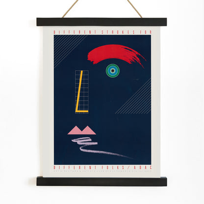 Abstract geometric face artwork poster with bold colors and modern shapes Different Strokes for Different Folks by McRay Magleby, with wooden magnetic frame on white background