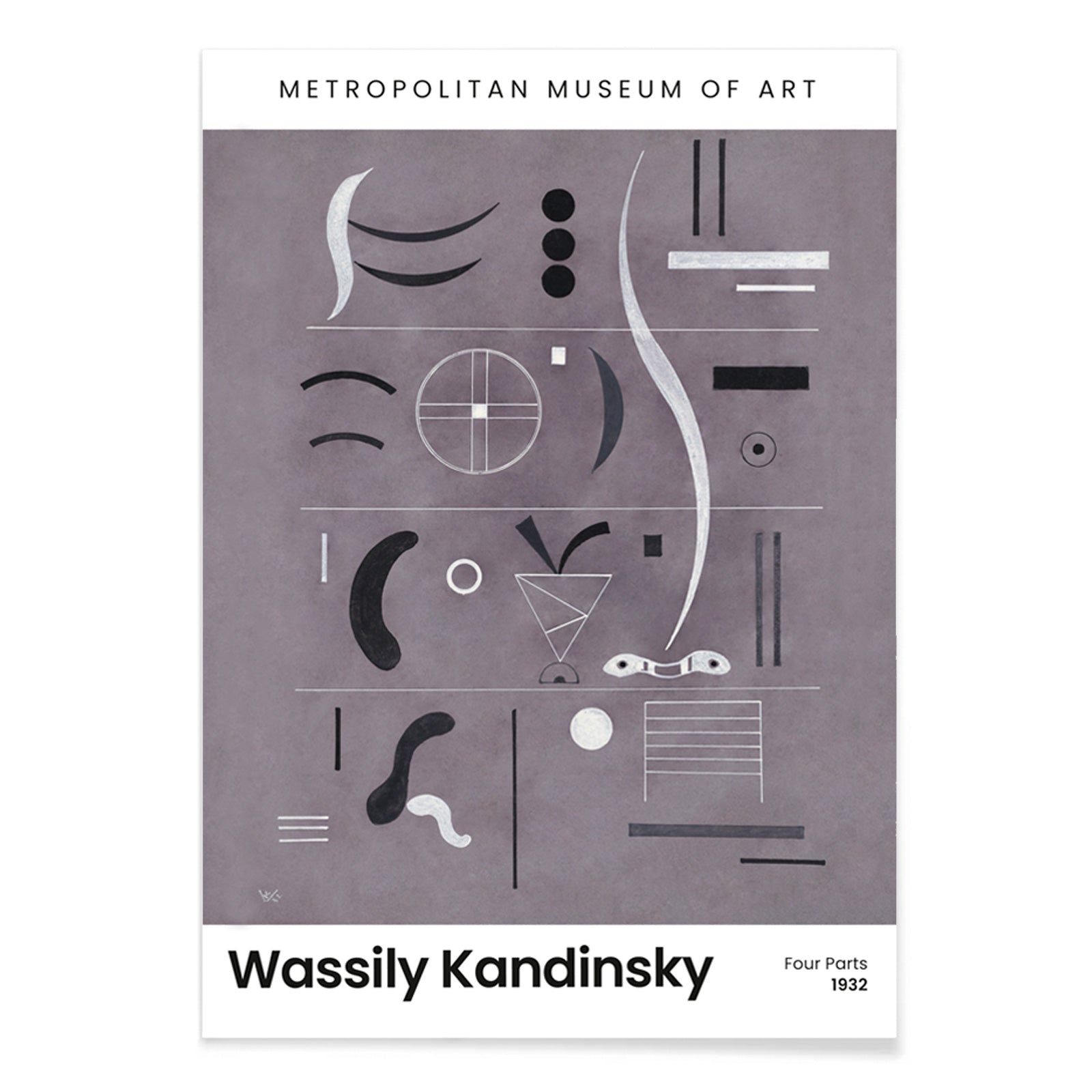 Abstract geometric art by Wassily Kandinsky from Four Parts featuring geometric shapes and lines displayed at the museum, with black aluminium frame on white background